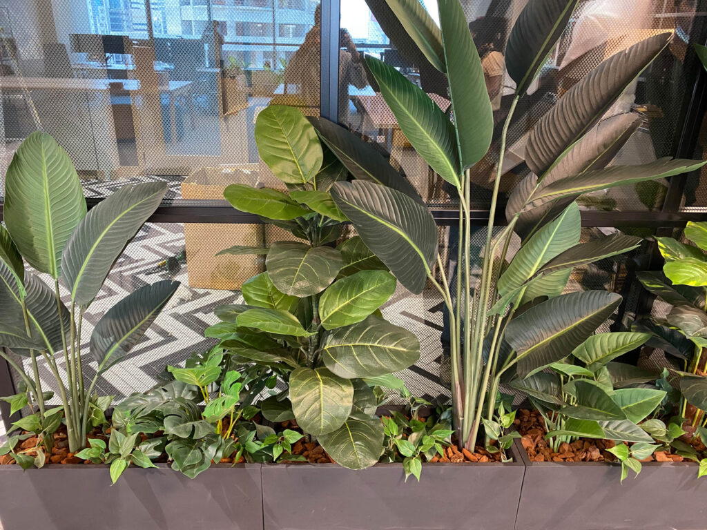 Live and artificial plants in the custom pots